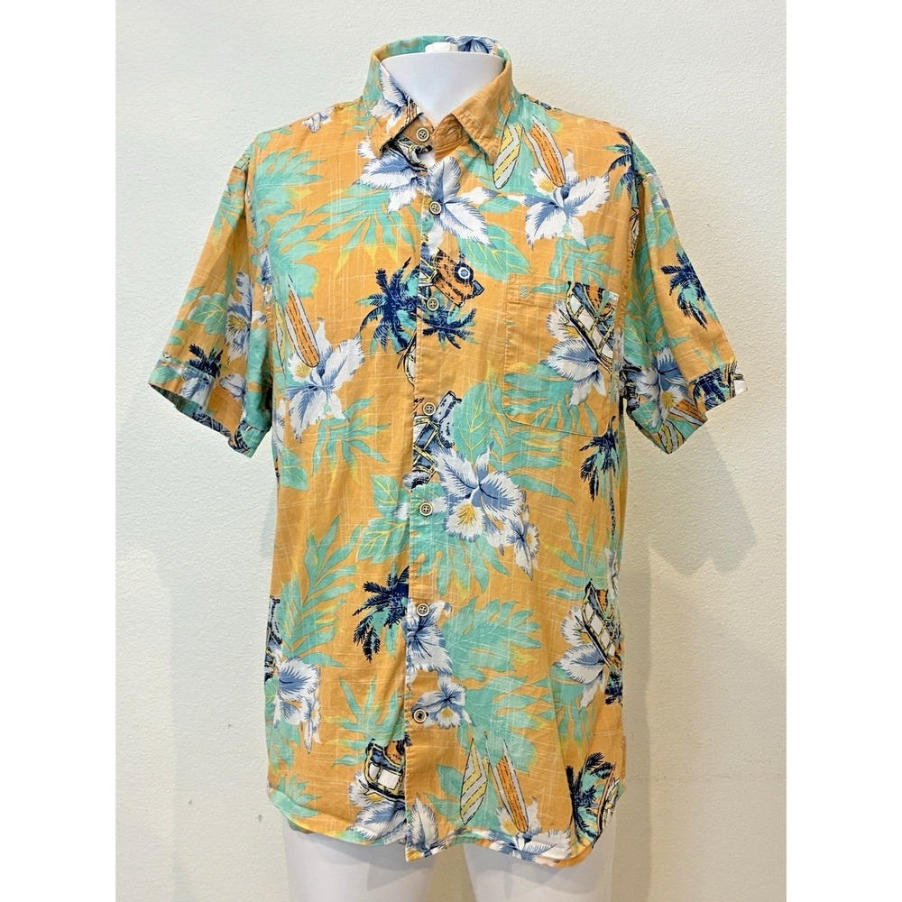 IZOD Saltwater Hawaiian Shirt‎ Men's L Tropical Floral Button Front 100% Cotton